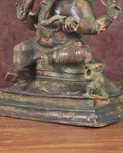 Vintage Brass Lord Ganesha Statue with Green Patina Finish - 14"