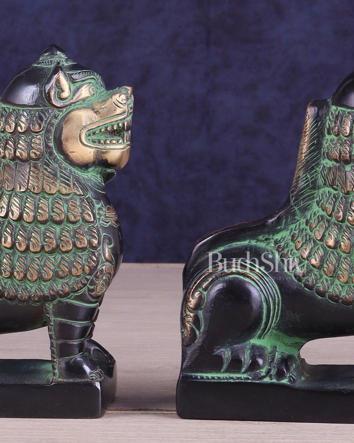 Brass Tibetan Snow Lion Pair – Antique Black & Green Finish