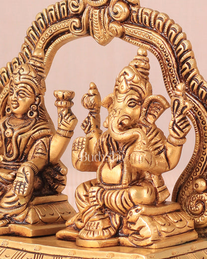 Pure Brass Lord Ganesha and Lakshmi Seated Together Idol - 5.5"