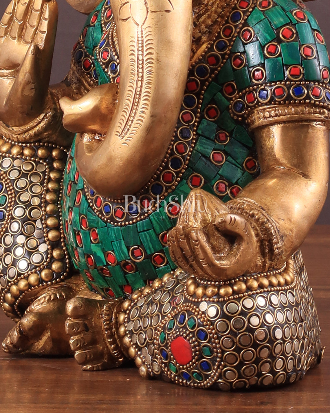 Pure Brass Modern Ganesha Idol with Abstract Design and Stonework 9.5"