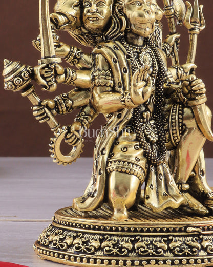 Pure Brass Panchmukhi Hanuman Idol - 4 inch golden tone