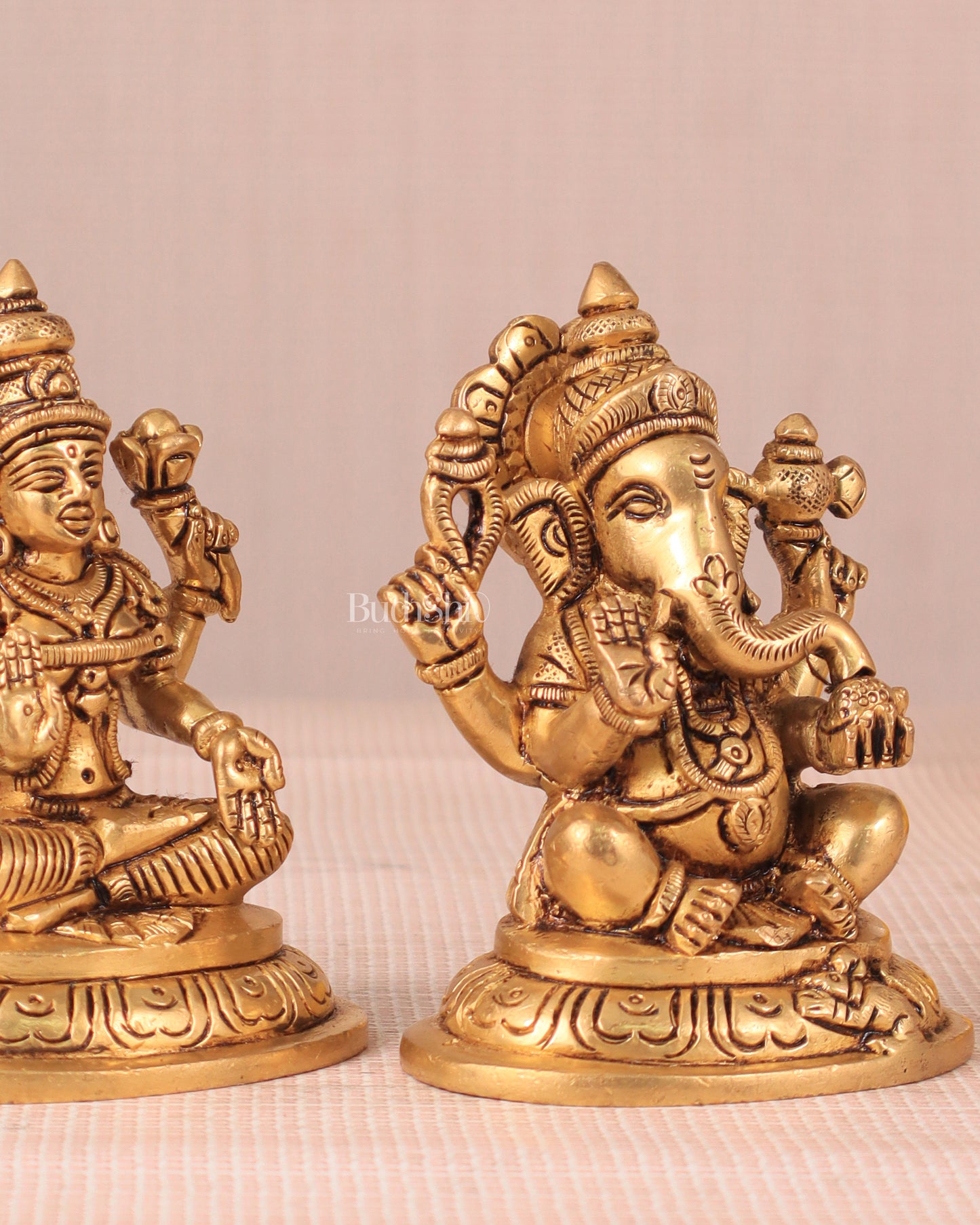 Brass Superfine Ganesha and Lakshmi Idol Pair - 4"