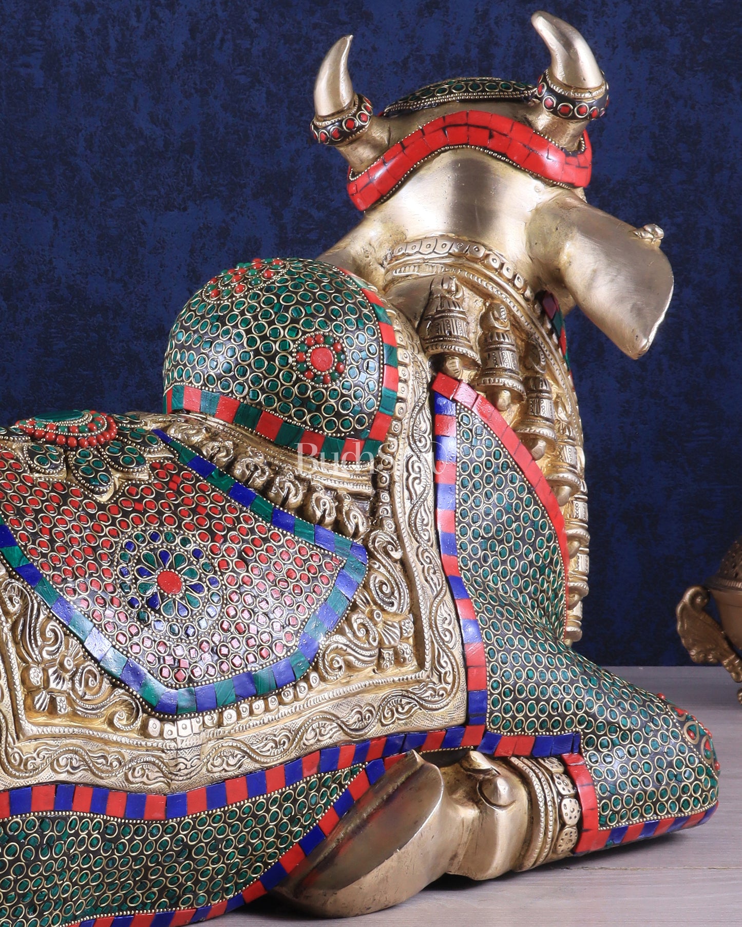 Elegant Brass Nandi Statue with Intricate Stonework 21"