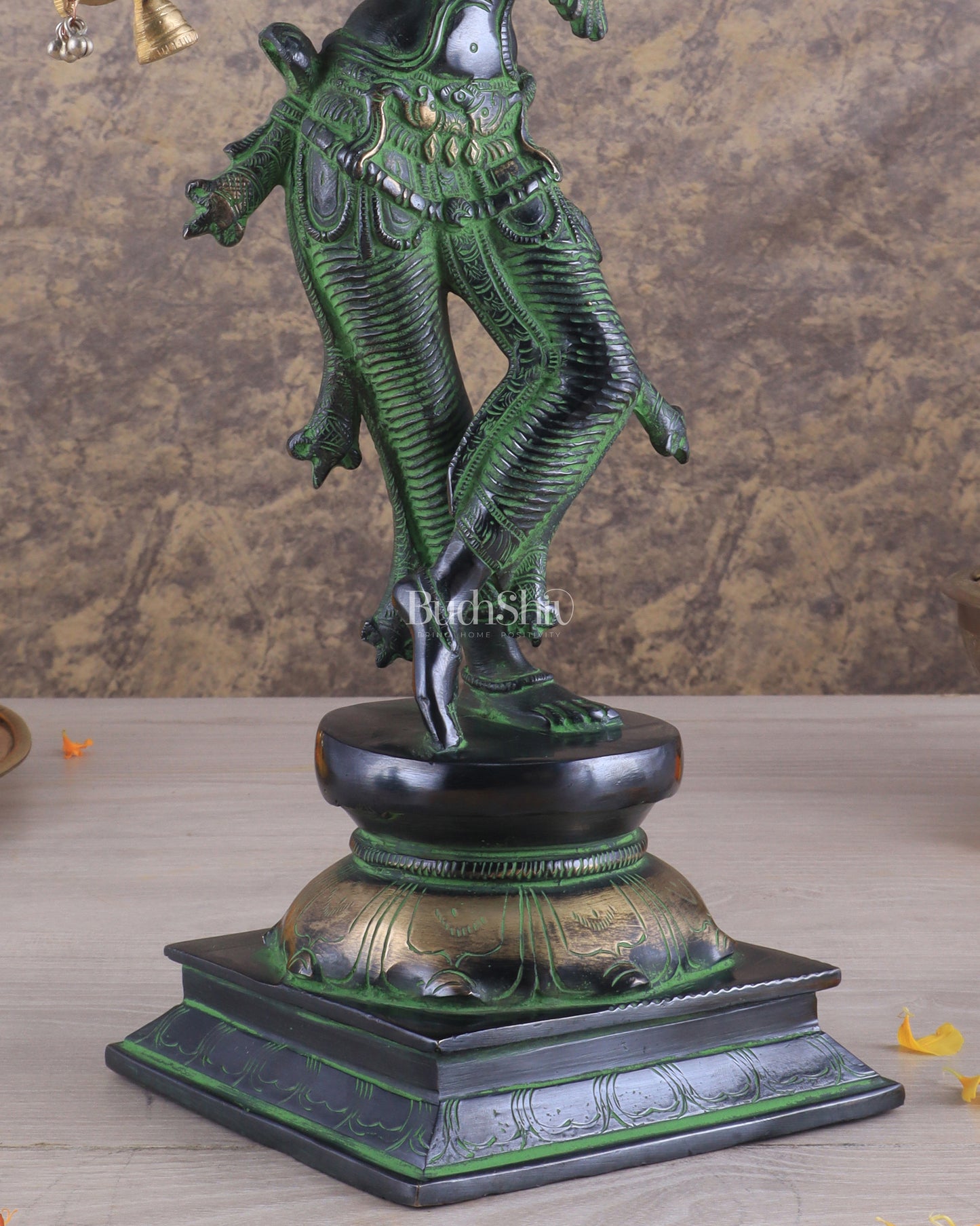 Brass Superfine Lord Krishna with Unique Crown Idol | Height: 14.5 inch black and green patina