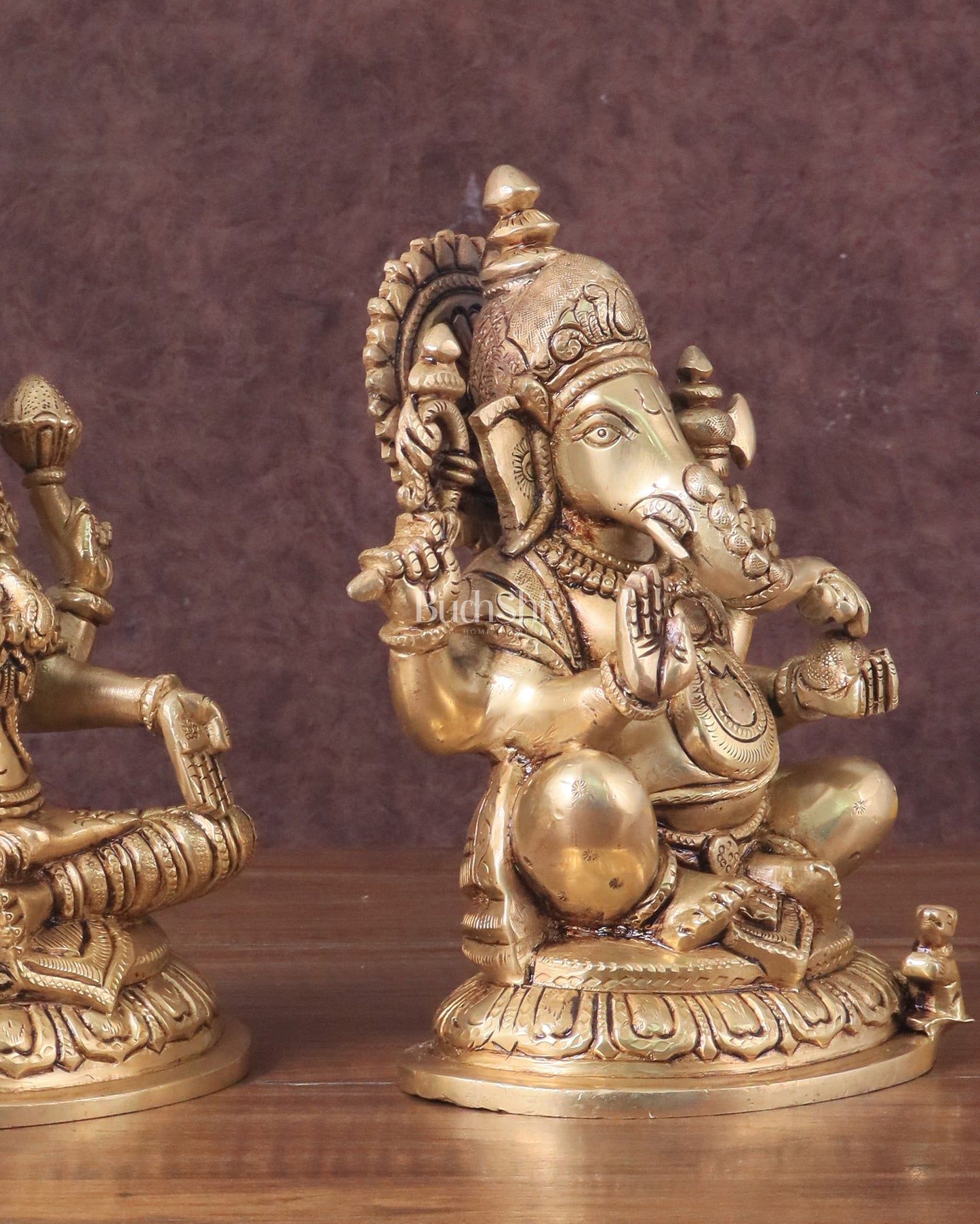 Pure Brass Ganesha and Lakshmi Idols Set - Intricate Detailing, 7.5"