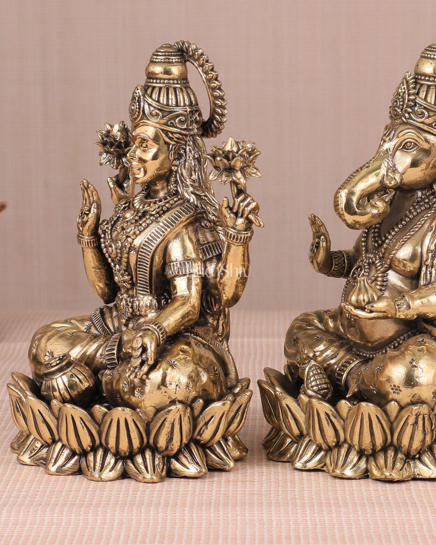 Intricate Ganesha and Lakshmi Superfine Brass Idols with Clear Detailing 6"