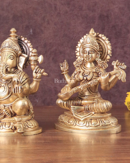 Pure Brass Ganesha, Lakshmi, Saraswati Idols Set of Three - 7.5"