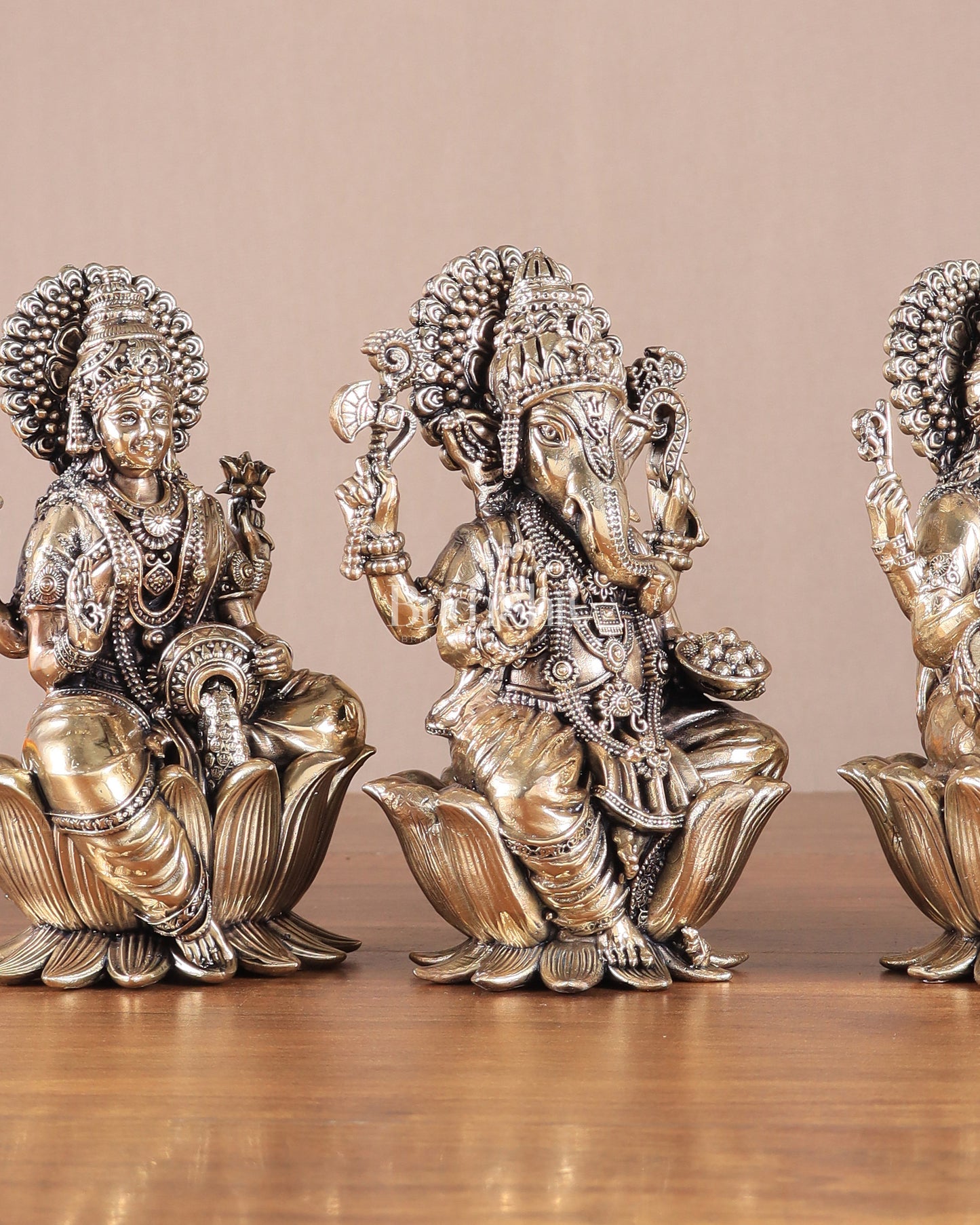 Superfine Brass Ganesh Lakshmi Saraswati Idols - 6" Tall, Set of 3