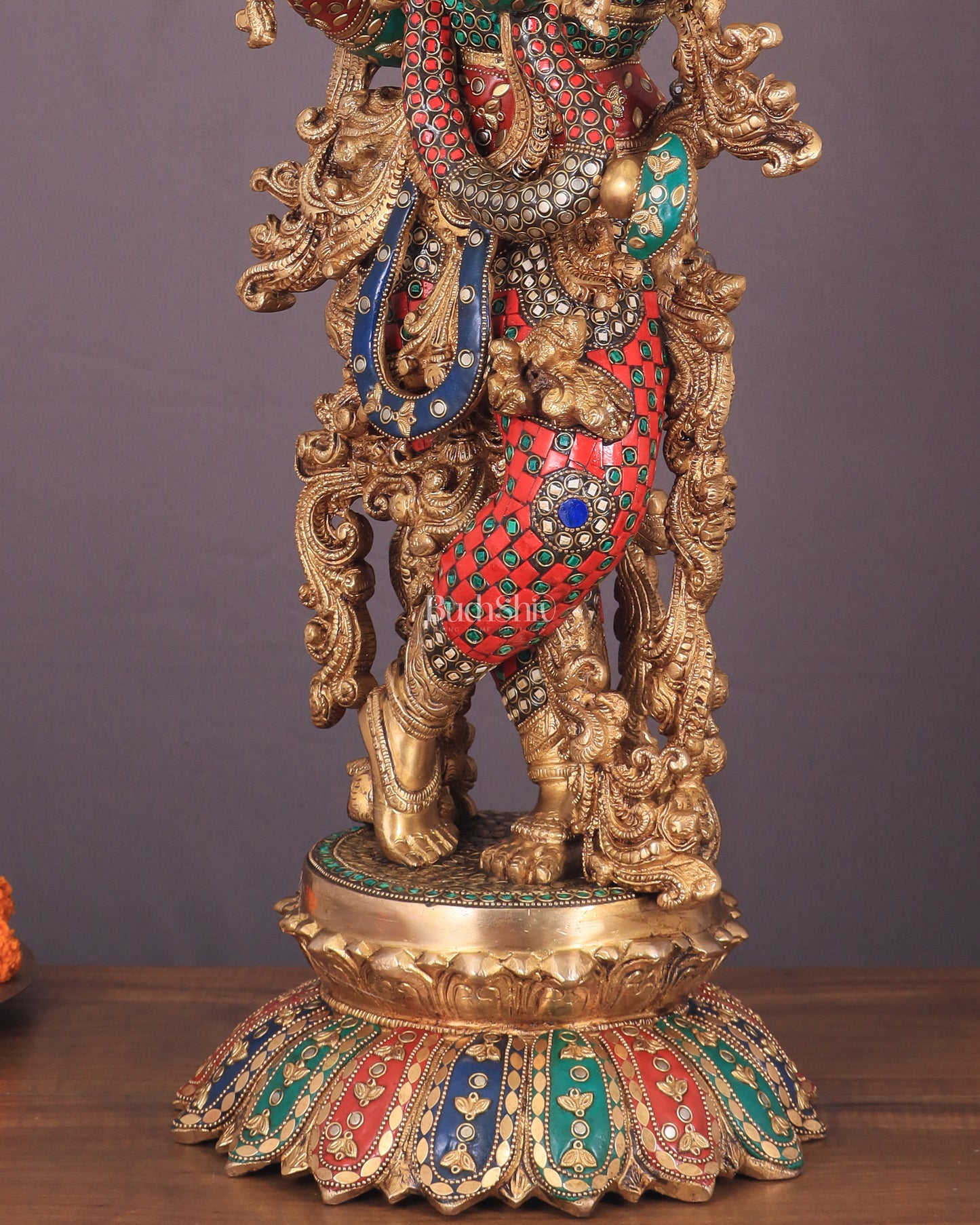 Krishna Statue with Lotus Base brass idol | 27 Inch | meenakari