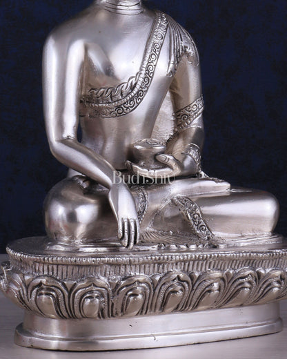 Pure Brass Buddha Blessing Mudra Statue - Silver plated, 10" Height