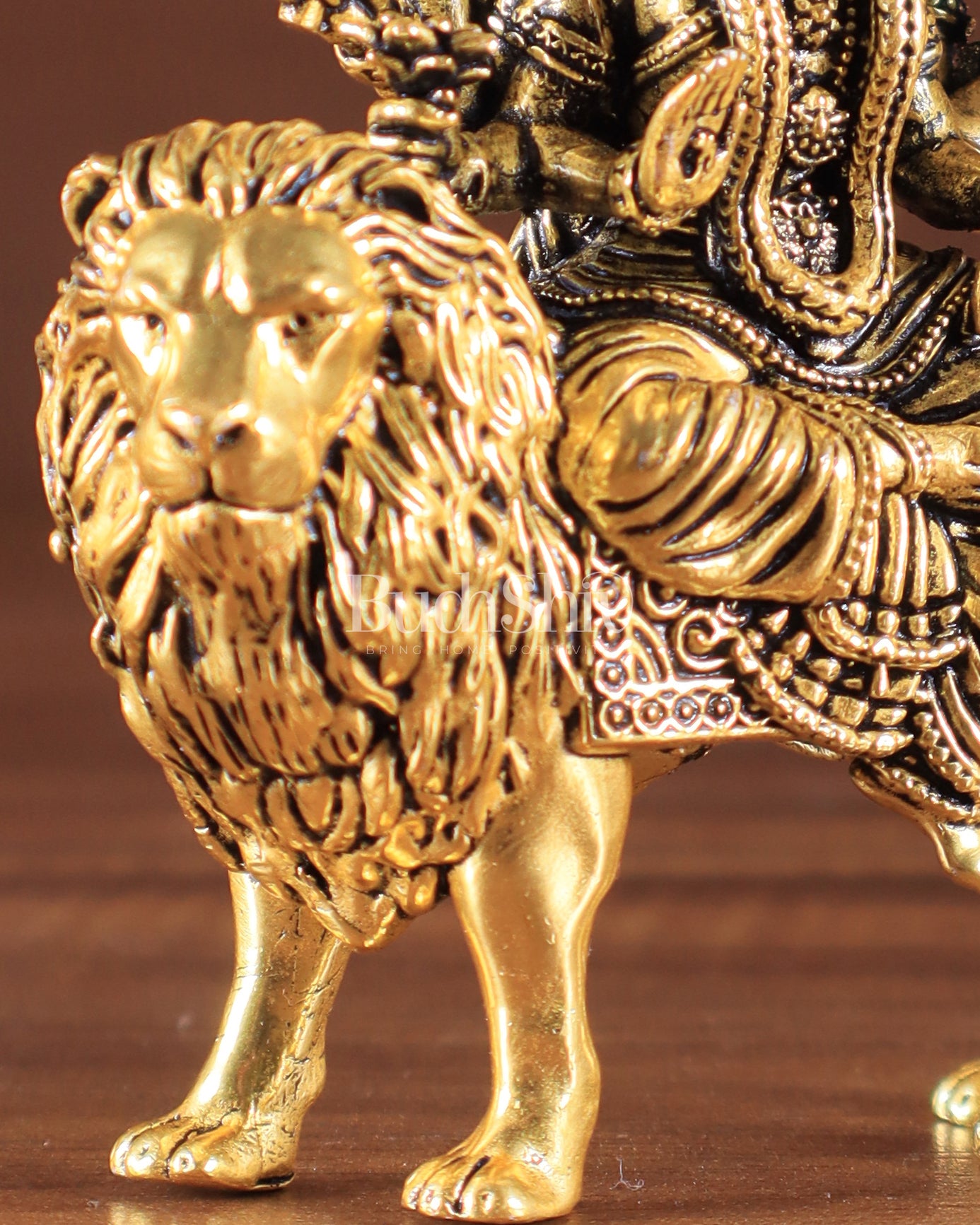 Pure Brass Superfine Durga on Lion Idol golden tone