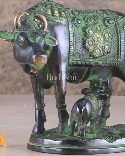 Pure Brass Kamadhenu Cow with Calf Statue – Black and Green Tone