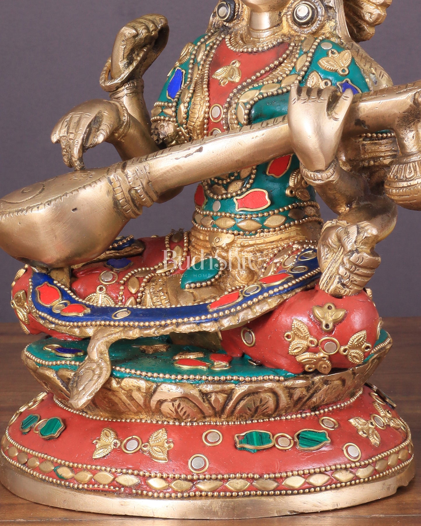 Brass Saraswati Statue With unique stonework 9"