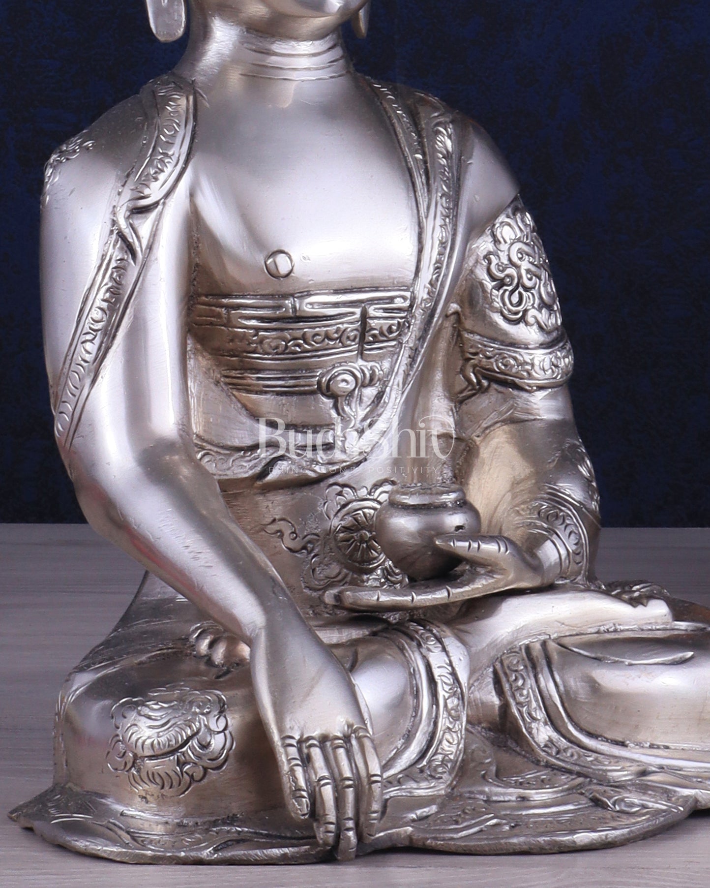 Brass Buddha Idol with Abhaya Mudra - 10 Inch silver plated