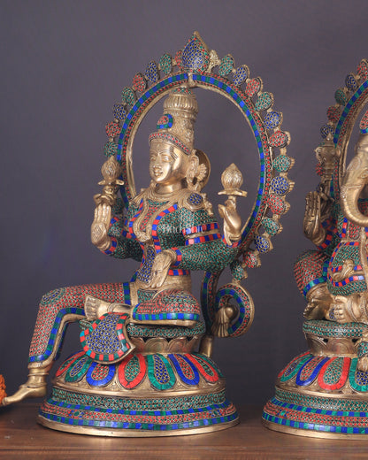 Pure Brass Ganesh Lakshmi Idol Pair with Meenakari Stonework – 27"