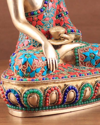 Pure Brass colourful Buddha Statue with Hand Down - 9.5" stonework