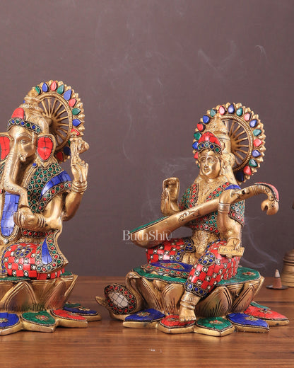 Pure Brass Ganesh Lakshmi Saraswati idols Set - 12" meenakari idols