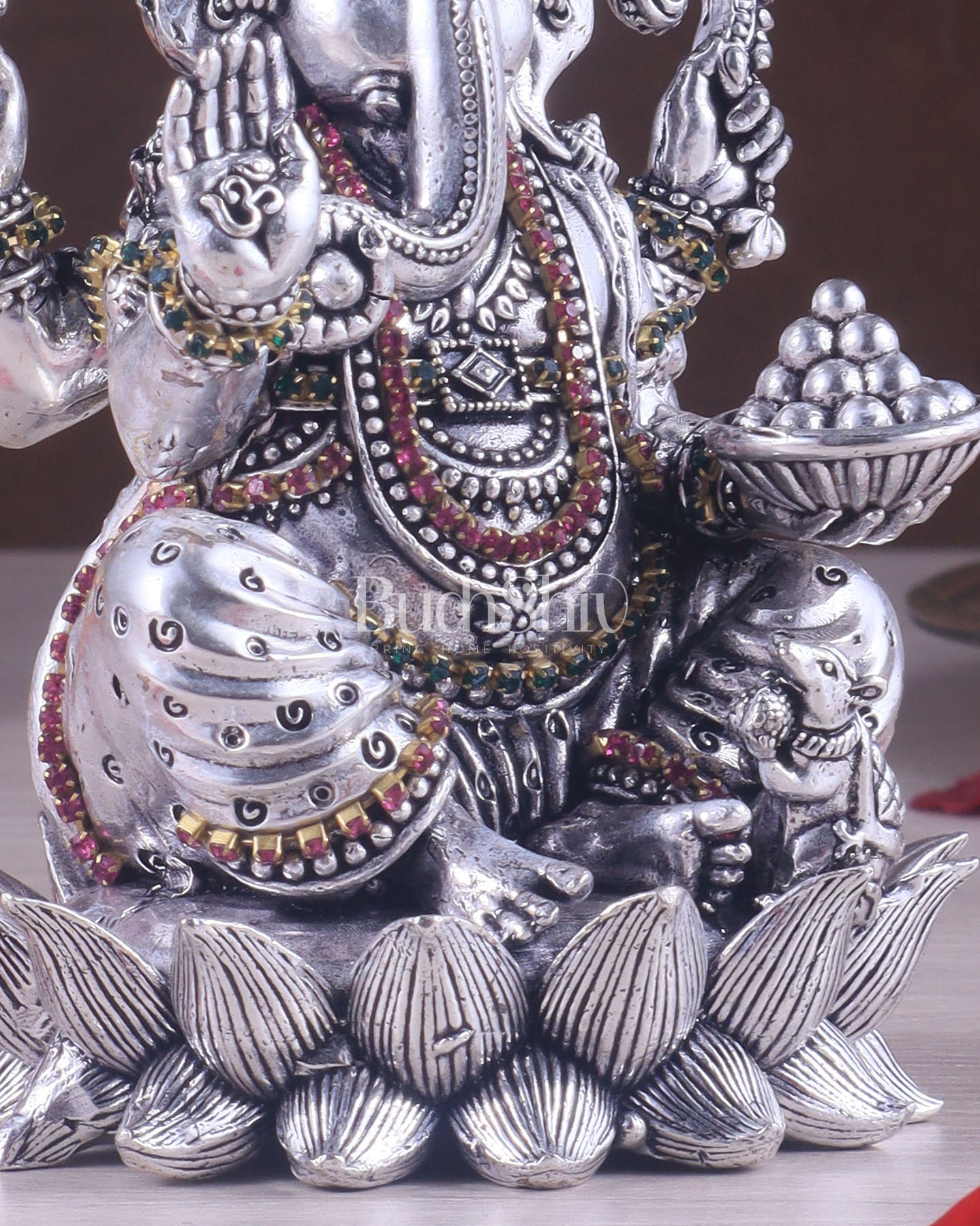 Silver plated Brass Superfine Intricately Carved Small Right trunk Ganesha Idol - 5" Tall