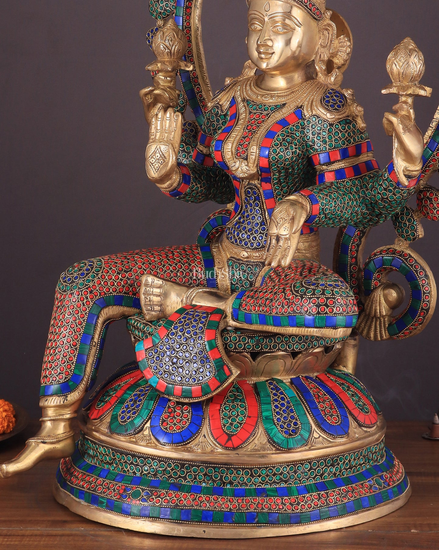 Pure Brass Large Lakshmi Devi Statue with Meenakari Stonework – 27" Tall,