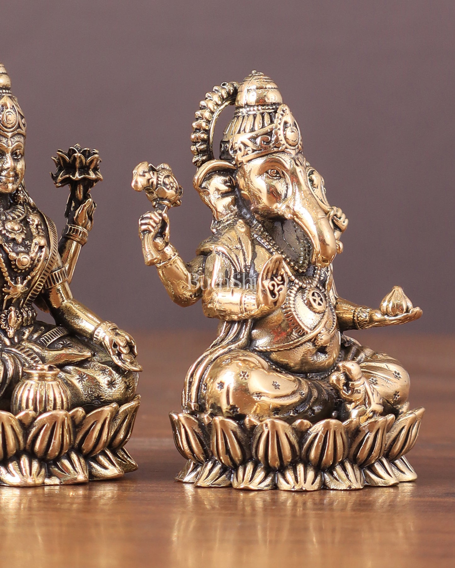 Brass Superfine Ganesha Lakshmi Idols - 3" Height | Intricate Lightweight Duo