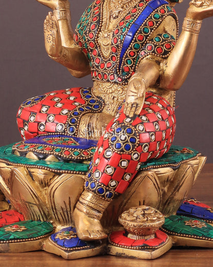 Pure Brass Lakshmi with Owl Idol Seated on Lotus | 11 Inch meenakari