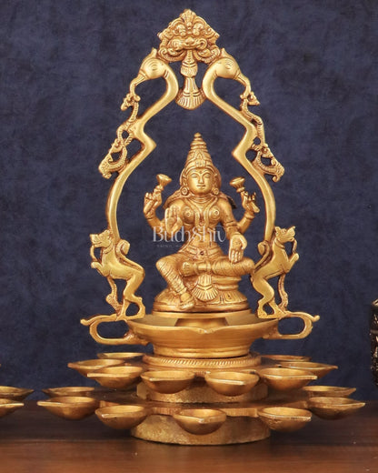 Pure Brass Ganesha and Goddess Lakshmi Statues with Diyas and Thiruvarchi Frames - 12"