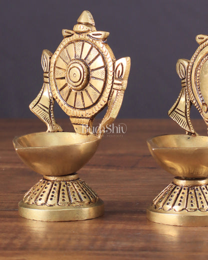 Pure Brass Shankh Chakra Oil Lamps (Pair) 4.5"