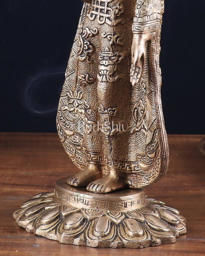 Pure Brass Standing Lord Buddha Statue – Fully Engraved 11"