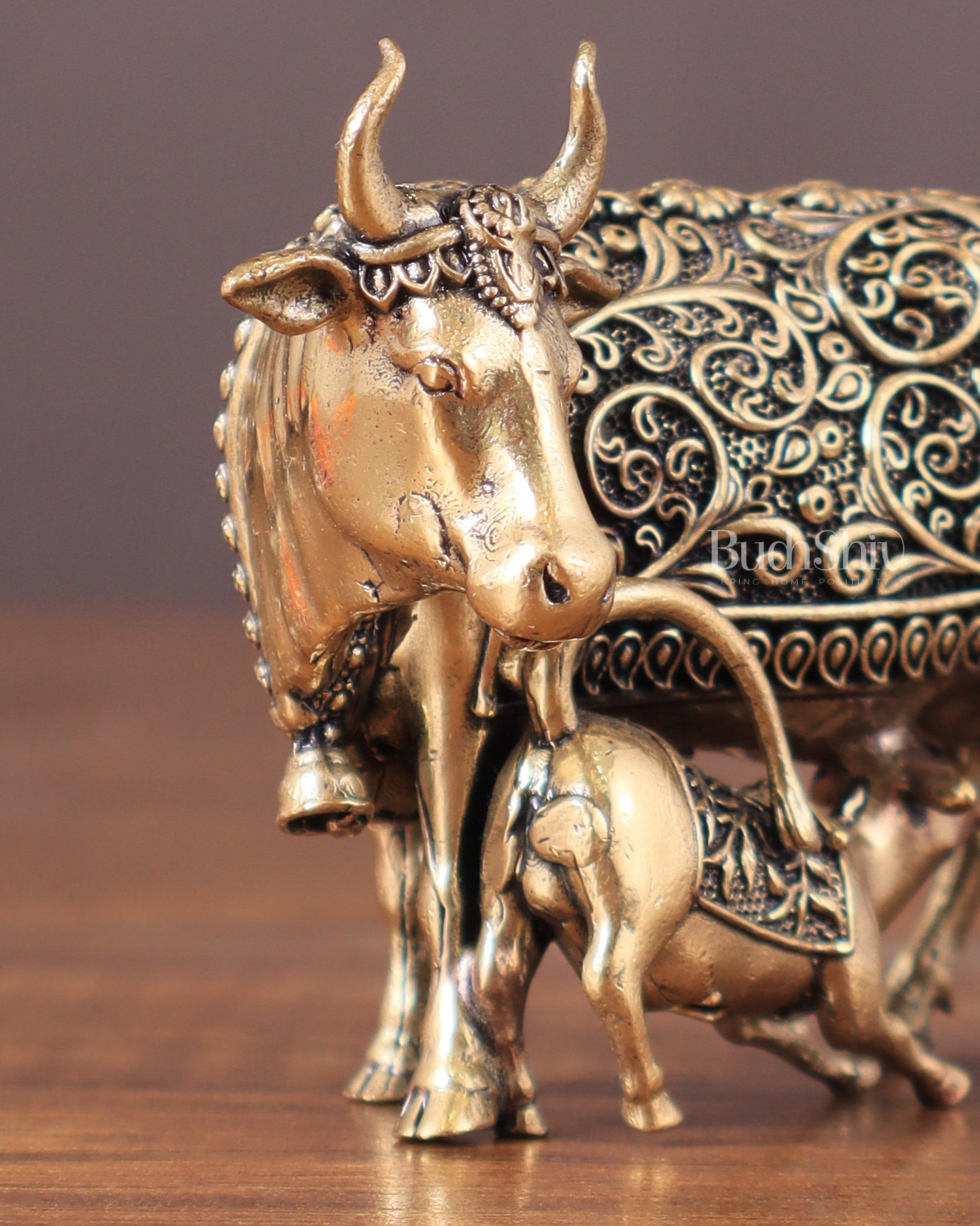 Pure Brass Kamdhenu Cow with Calf Idol - 3"