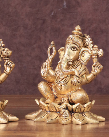 Pure Brass Ganesha and Lakshmi on Lotus Base Idol Set - 5.5"