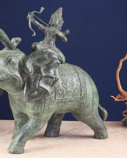 Indonesian Bronze Lord Ram on Elephant Raising Bow Sculpture 23"