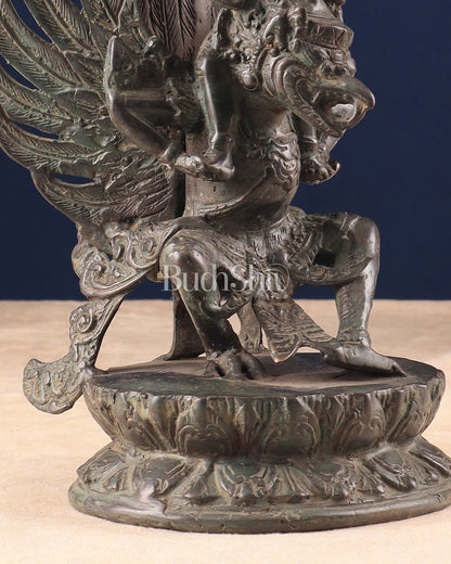 Vintage Indonesian Bronze Lord Vishnu Seated on Garuda Vahana Sculpture 12"