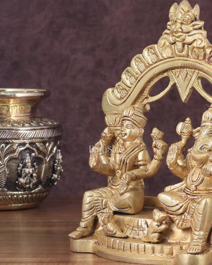 Pure Brass Lord Ganesha and Lakshmi Seated Together Statue - 7"