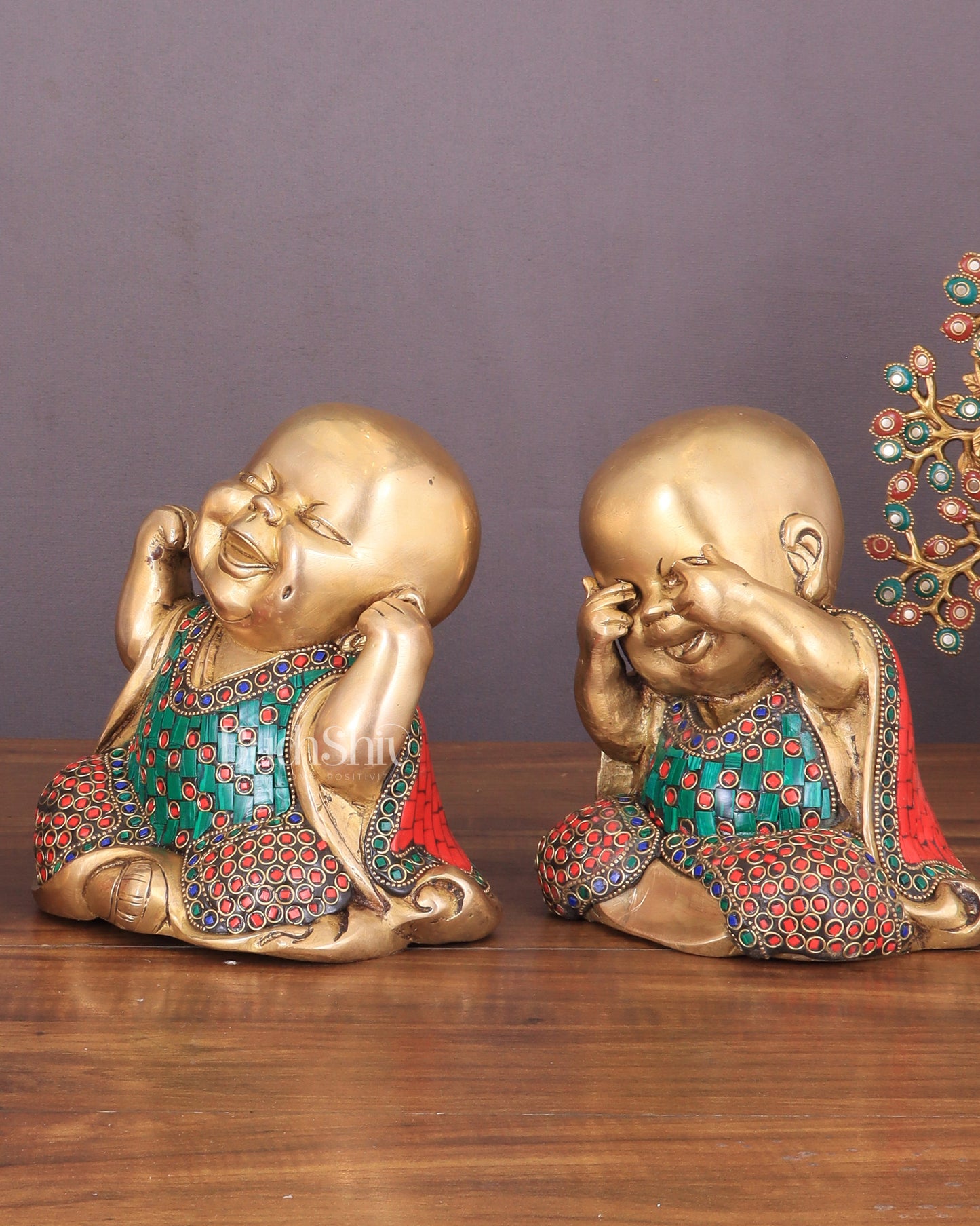 Pure Brass Large Happy Baby Monks Statues Set | 7.5-inch with stonework