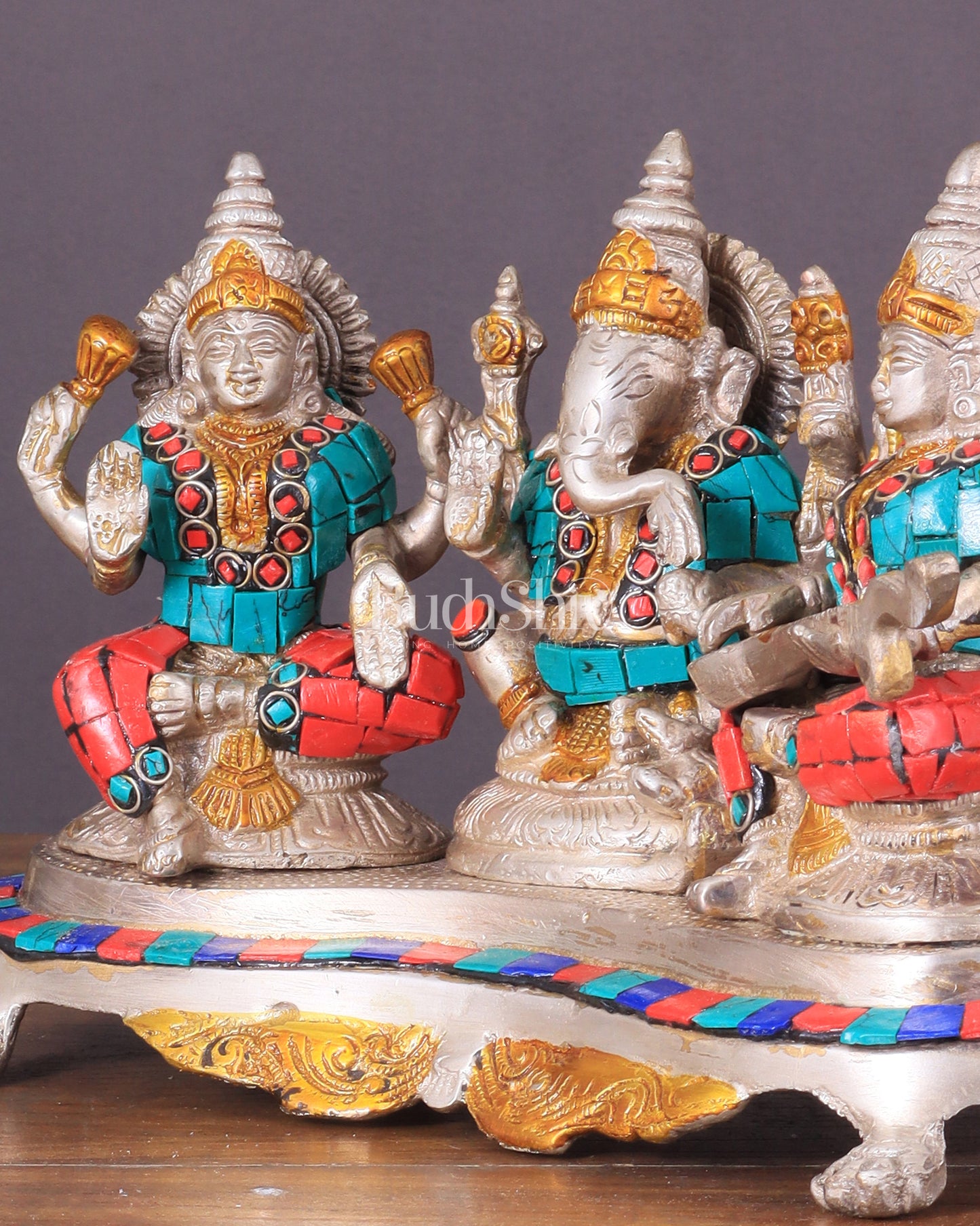 Ganesha Lakshmi Saraswati Brass Silver plated Idol with stonework 6.5"