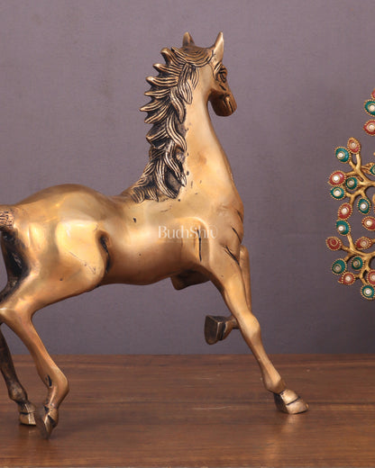 Brass Running Horse with One Leg Raised Vastu Statue 8"