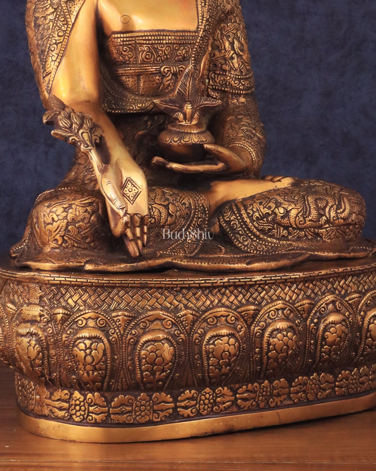 Pure Brass Handcrafted Medicine Buddha Statue with Dragon Carvings 22"