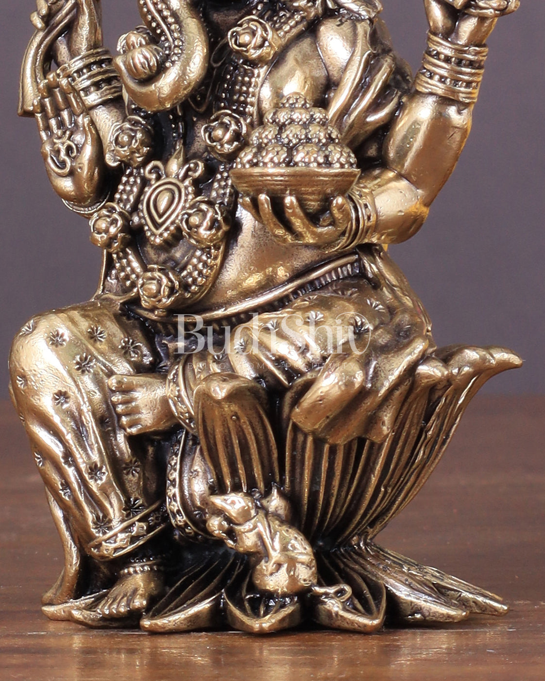 Brass Ganesha Idol Seated on Lotus 4 inch right side trunk