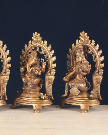 Pure Brass Ganesh, Lakshmi, Saraswati with Prabhavali Idols (Dual Tone Finish) 12"