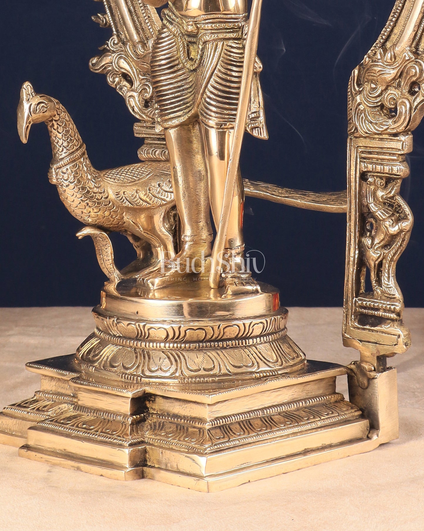 Pure Brass Lord Murugan Statue with Peacock and Prabhavali