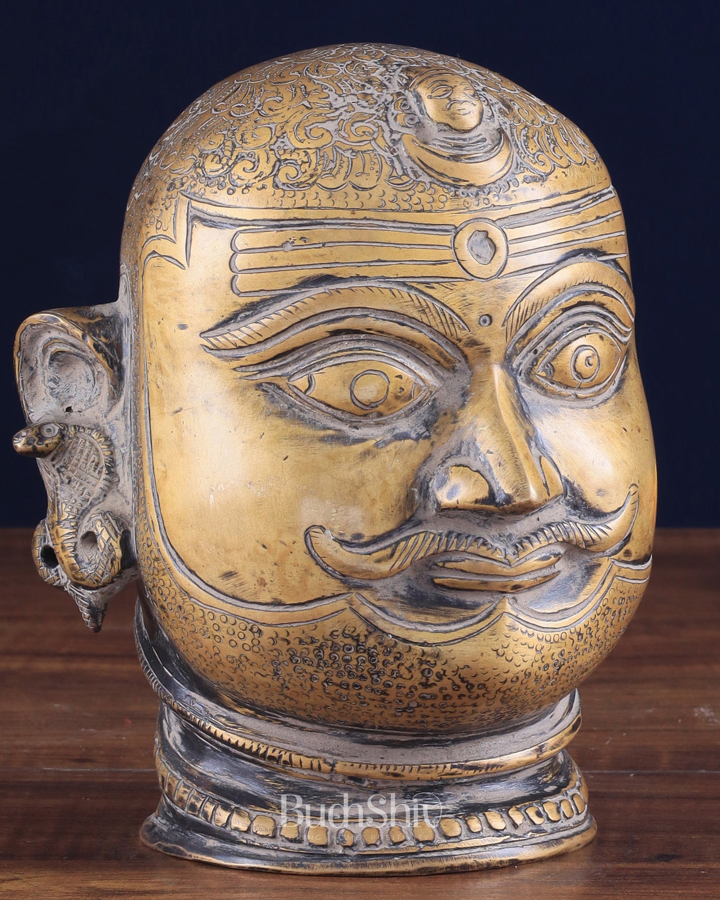 Pure Brass Lord Shiva Mukhalingam Face Statue - Vintage Tone 6"