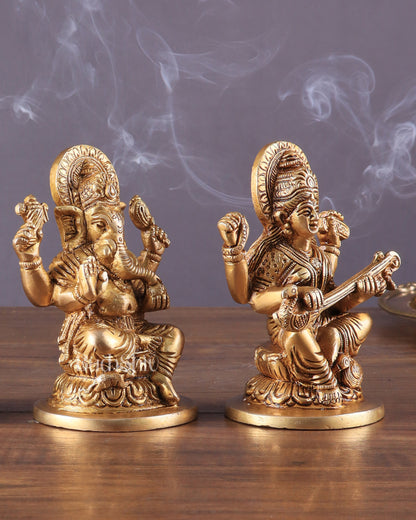 Pure Brass Ganesha, Lakshmi, and Saraswati Idols – 4.5" Handcrafted Set