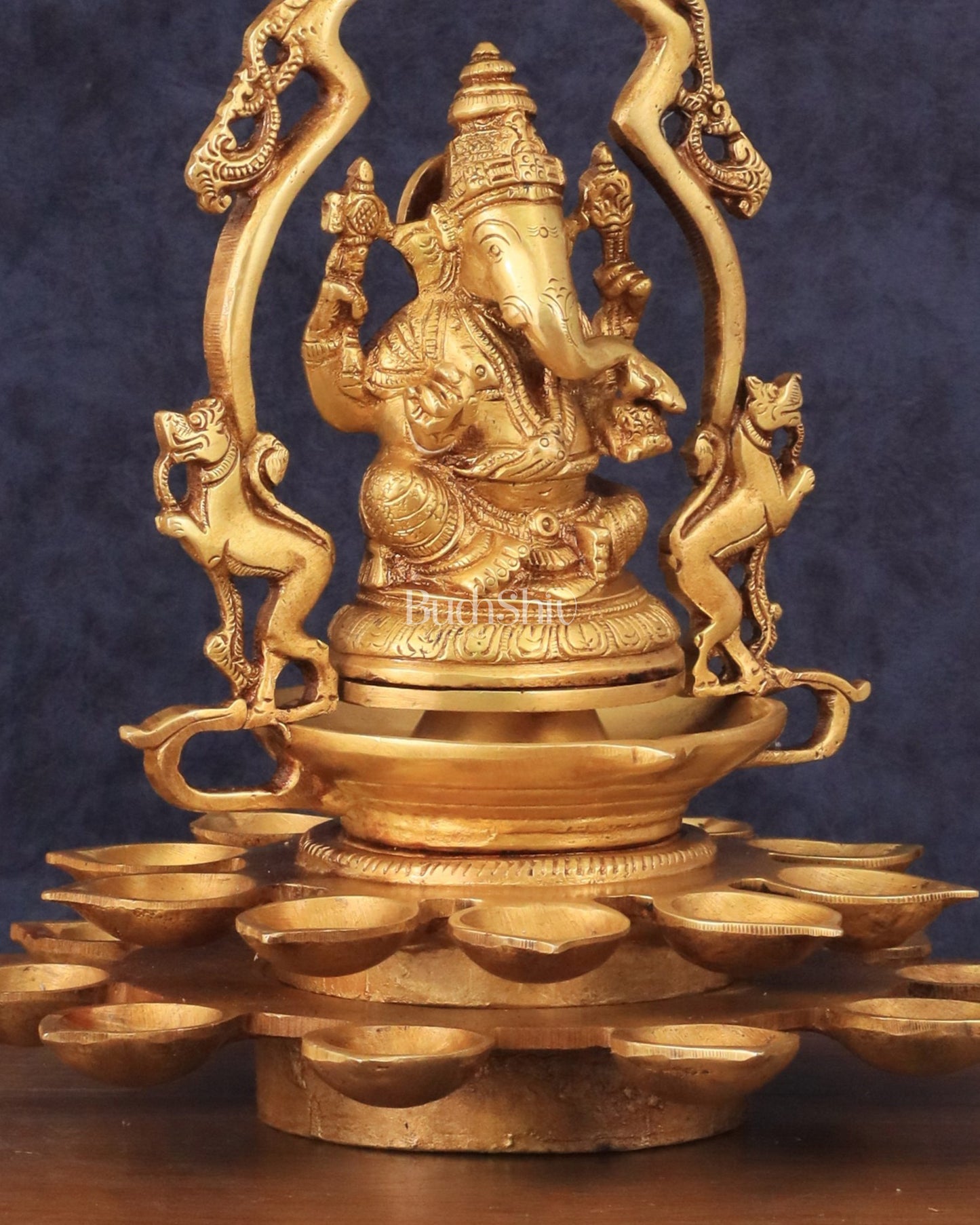 Pure Brass Unique Ganesha Statue with Diyas and Thiruvarchi Frame - 12"