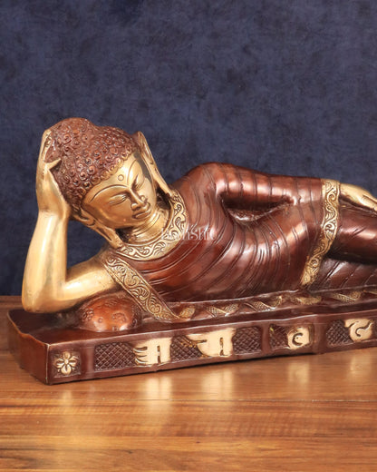 Brass Reclining Sleeping Buddha Sculpture in Unique Dual Tone 20 inch wide