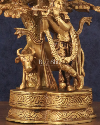 Pure Brass Lord Krishna with Cow Under a Tree Statue 12 inch