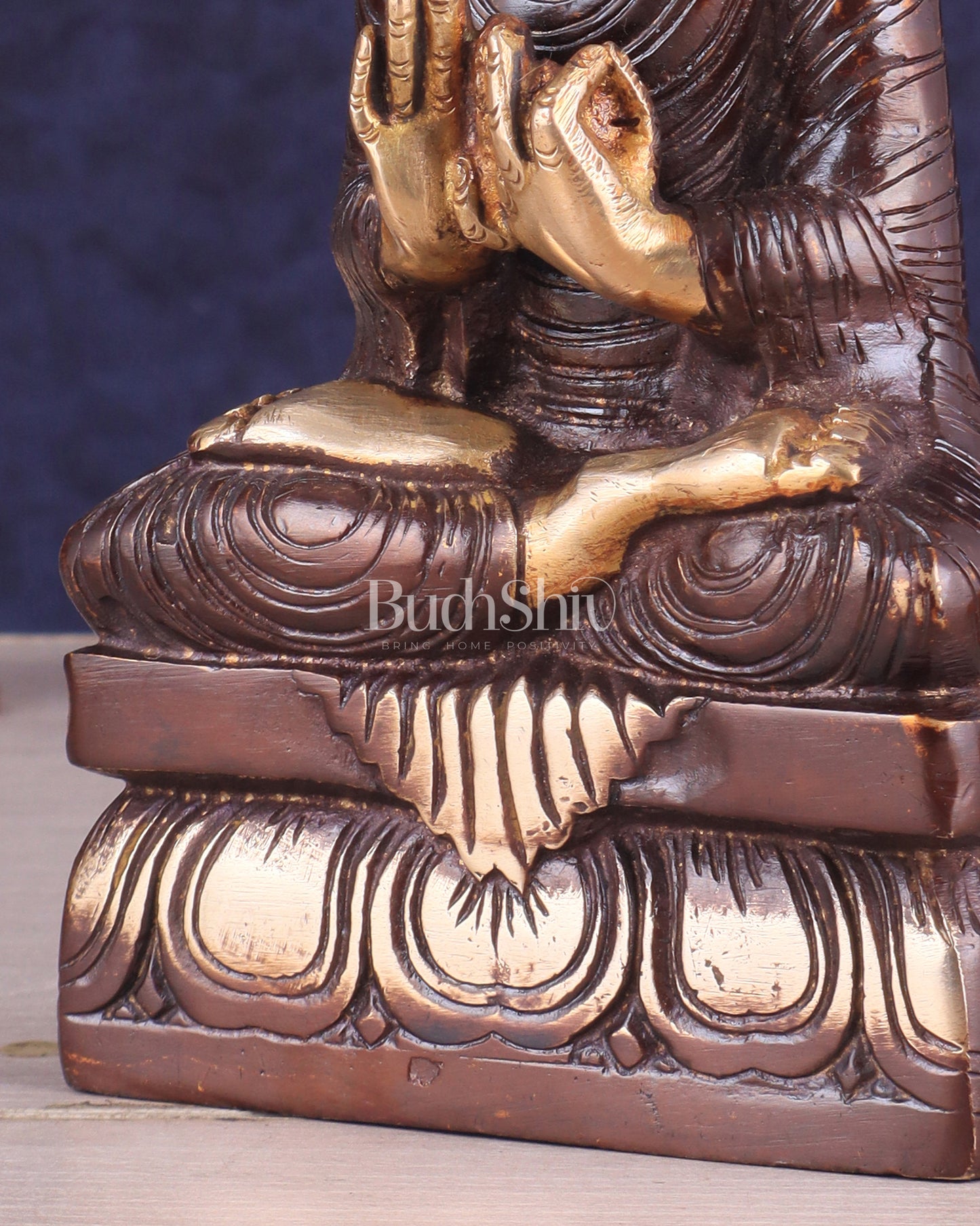 Dual Tone Brass Buddha Idol in Dharmachakra Mudra 8"