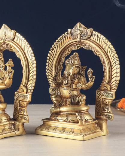 Brass Superfine Ganesh Lakshmi with Prabhavali Idol Set 9"