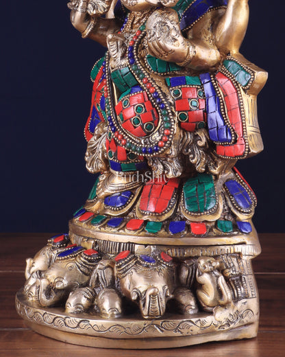 Brass Lord Ganesha Statue Seated on Elephant Throne - 12 Inch with stonework