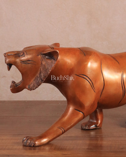 Pure Brass Vintage Large Tiger Statue showpiece - 20"x7.5"x6", Vastu Approved brown