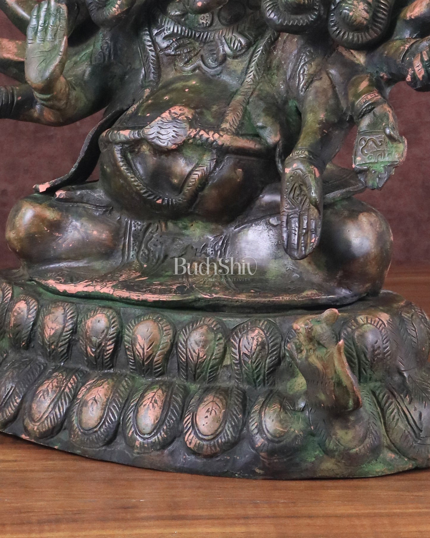 Pure Brass Large Panchmukhi Ganesha Statue - Vintage Green Patina, 13"